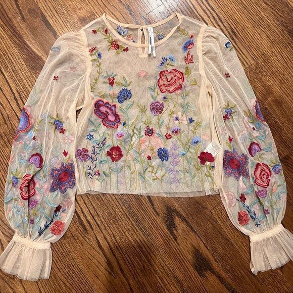 Anthropologie The Layla Long Sleeve appliqué Mesh Blouse in Light Sand NWOT - Picture 5 of 7